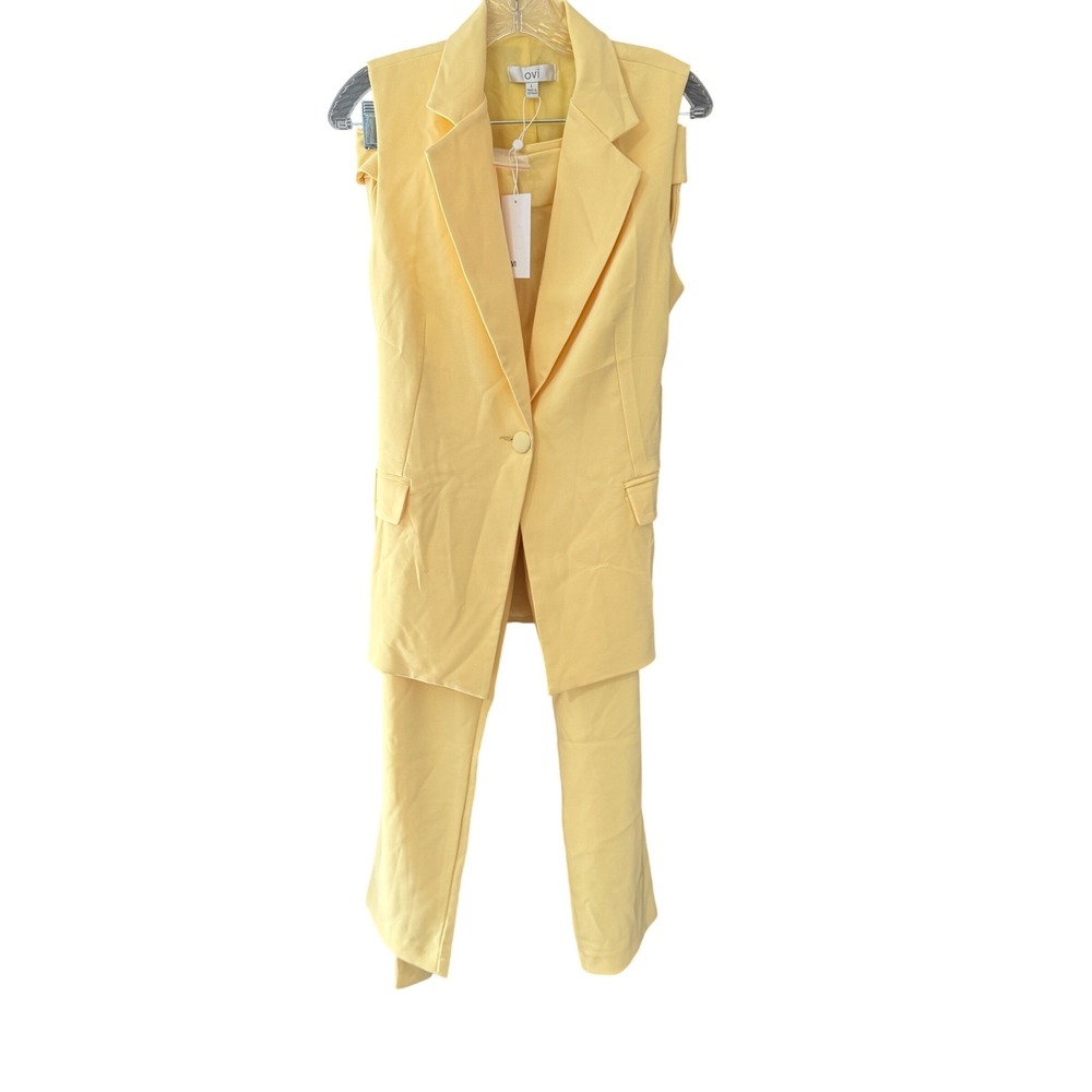 Ovi Womens Sleeveless Blazer Vest and Pants Suit Set Yellow Size L NWT
